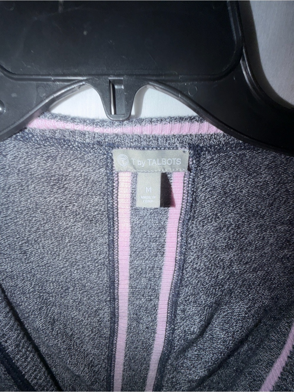 T by Talbots Open Front Long Cardigan Marled Gray Pink Stripe Trim Size M - Picture 5 of 9